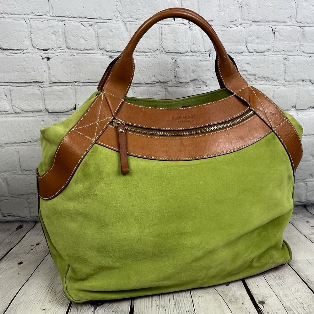 Kate Spade Bag Vintage Green Suede Brown Leather Top Handle Tote Purse Designer